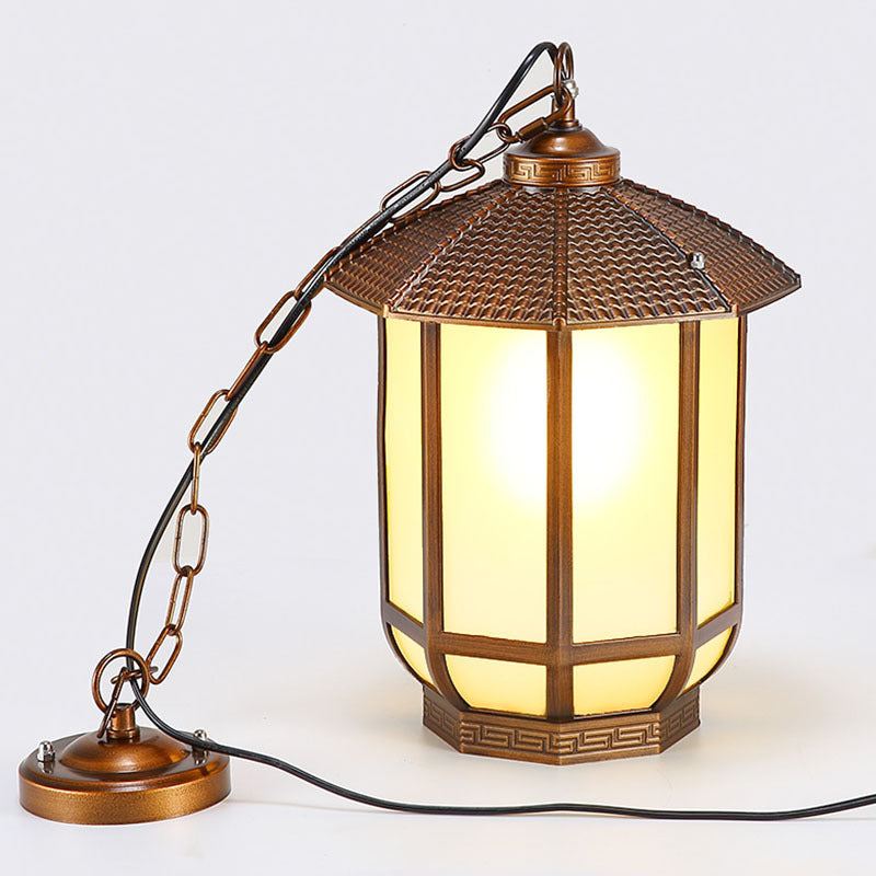 Traditional Chinese Round Lantern Aluminum Iron Glass 1-light Pendant Light for Outdoor Patio BulbSquare