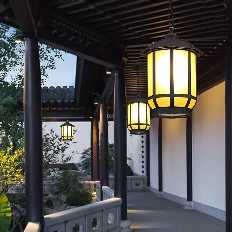 Traditional Chinese Round Lantern Aluminum Iron Glass 1-light Pendant Light for Outdoor Patio BulbSquare