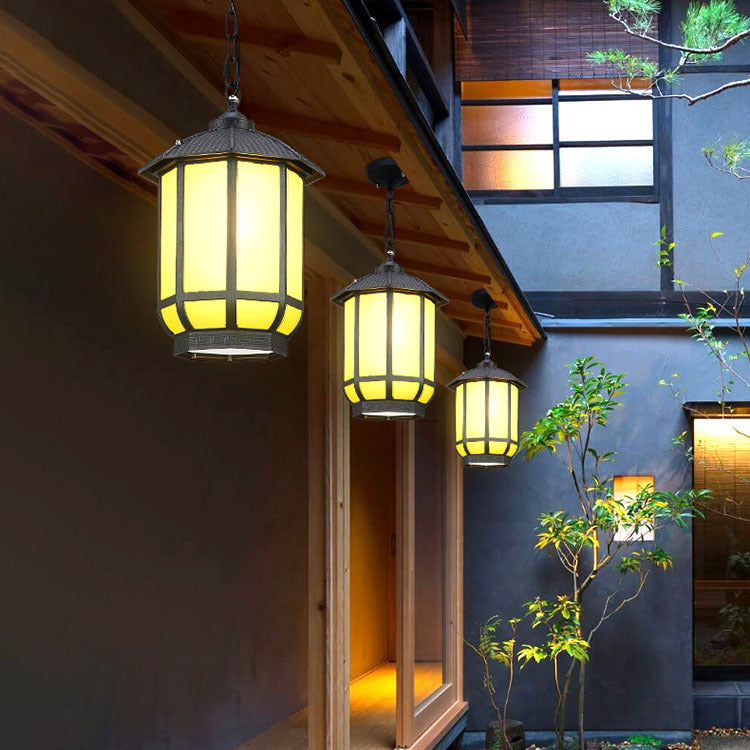 Traditional Chinese Round Lantern Aluminum Iron Glass 1-light Pendant Light for Outdoor Patio BulbSquare