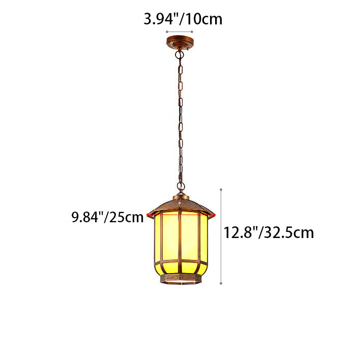 Traditional Chinese Round Lantern Aluminum Iron Glass 1-light Pendant Light for Outdoor Patio BulbSquare