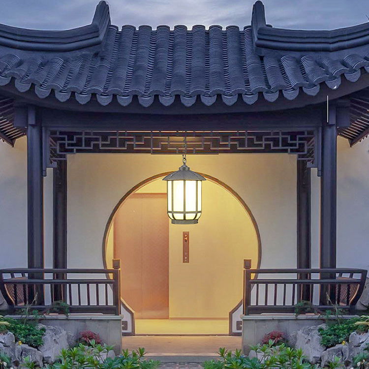 Traditional Chinese Round Lantern Aluminum Iron Glass 1-light Pendant Light for Outdoor Patio BulbSquare