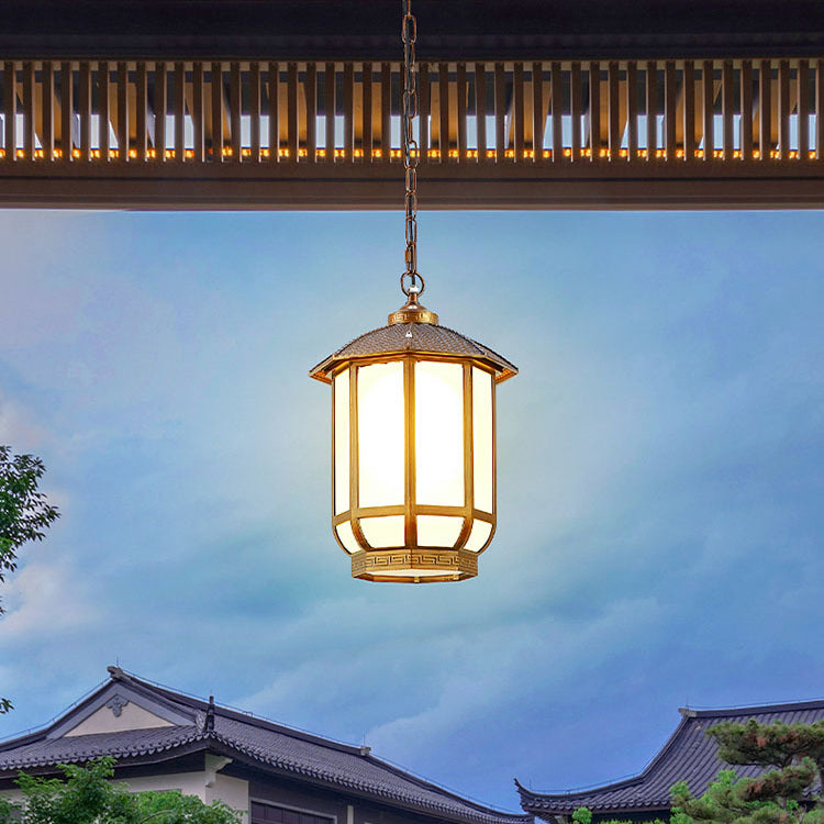 Traditional Chinese Round Lantern Aluminum Iron Glass 1-light Pendant Light for Outdoor Patio BulbSquare