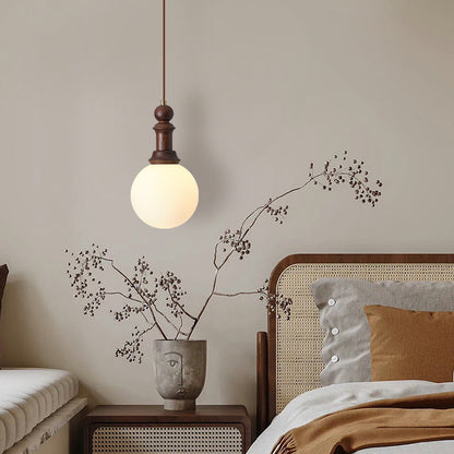 Traditional Vintage Globe Dome Oval Wood Iron Fabric Glass 1-Light Pendant Light For Bedroom