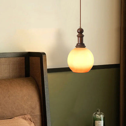 Traditional Vintage Globe Dome Oval Wood Iron Fabric Glass 1-Light Pendant Light For Bedroom