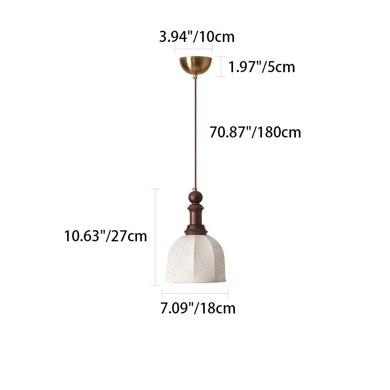 Traditional Vintage Globe Dome Oval Wood Iron Fabric Glass 1-Light Pendant Light For Bedroom