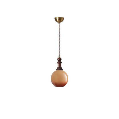 Traditional Vintage Globe Dome Oval Wood Iron Fabric Glass 1-Light Pendant Light For Bedroom