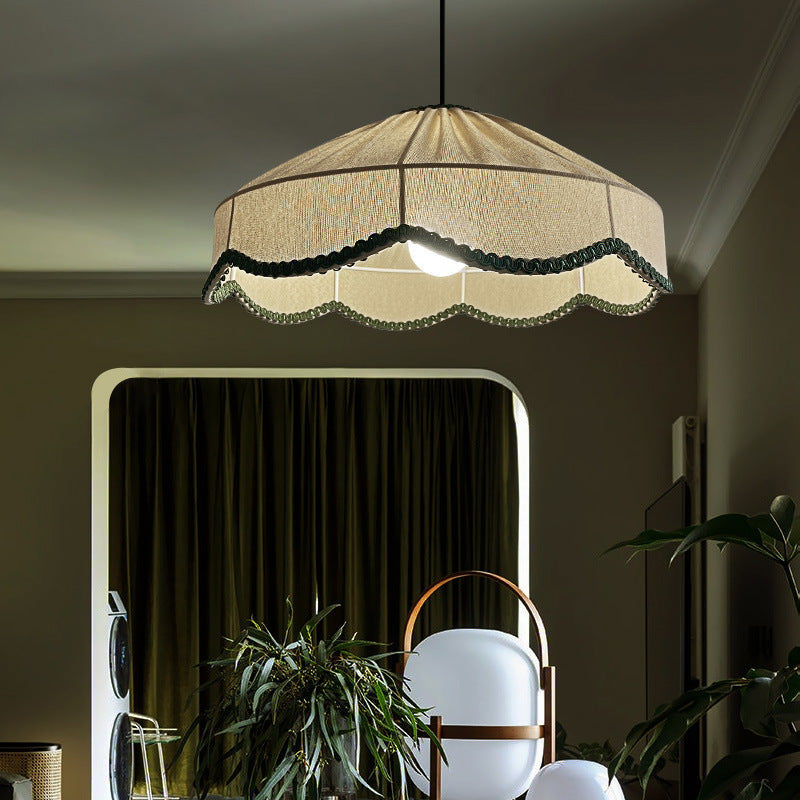 Traditional French Cream Round Cone Linen Fabric 1-light Pendant Light for Living Room BulbSquare