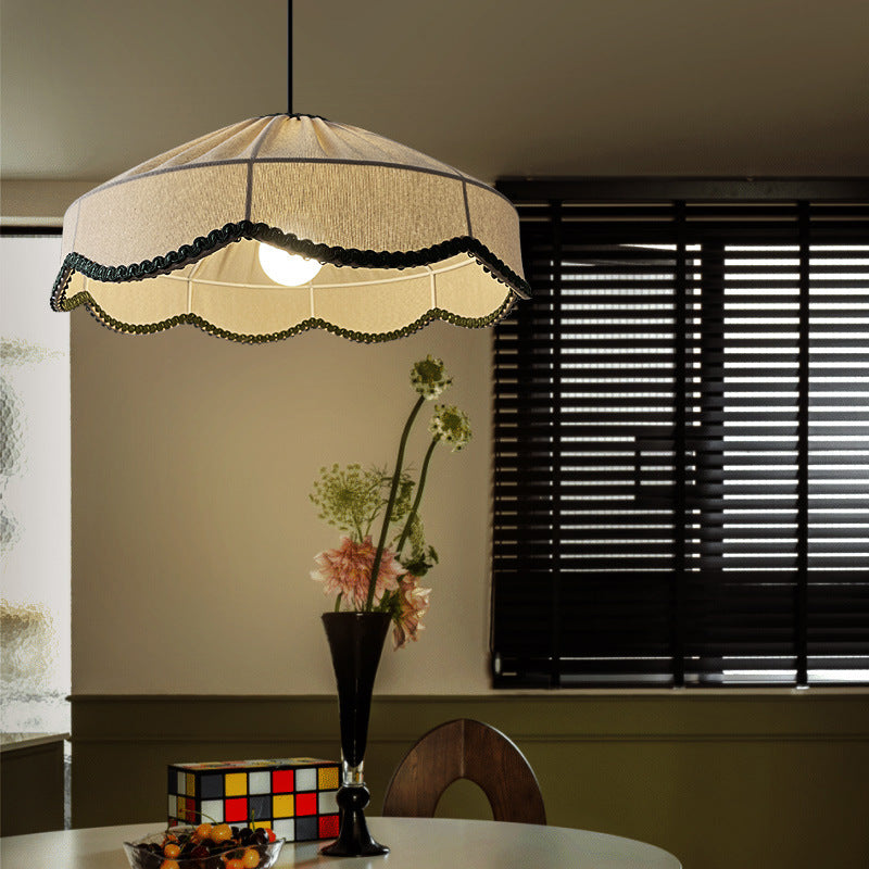Traditional French Cream Round Cone Linen Fabric 1-light Pendant Light for Living Room BulbSquare