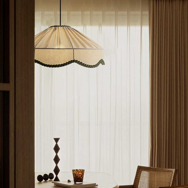 Traditional French Cream Round Cone Linen Fabric 1-light Pendant Light for Living Room BulbSquare