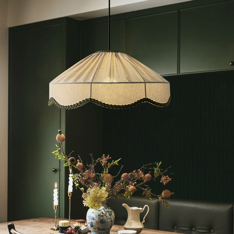 Traditional French Cream Round Cone Linen Fabric 1-light Pendant Light for Living Room BulbSquare