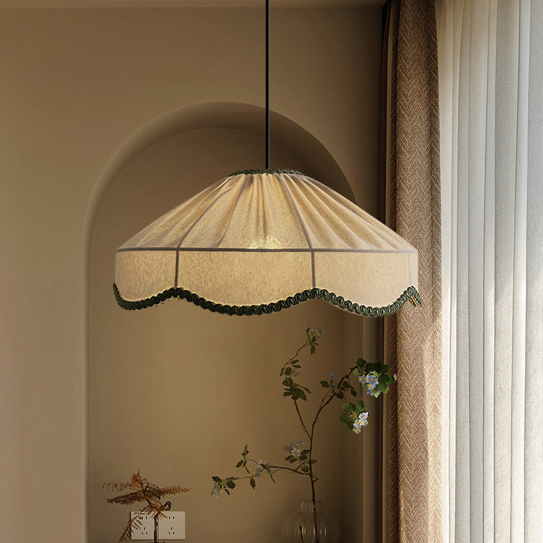 Traditional French Cream Round Cone Linen Fabric 1-light Pendant Light for Living Room BulbSquare