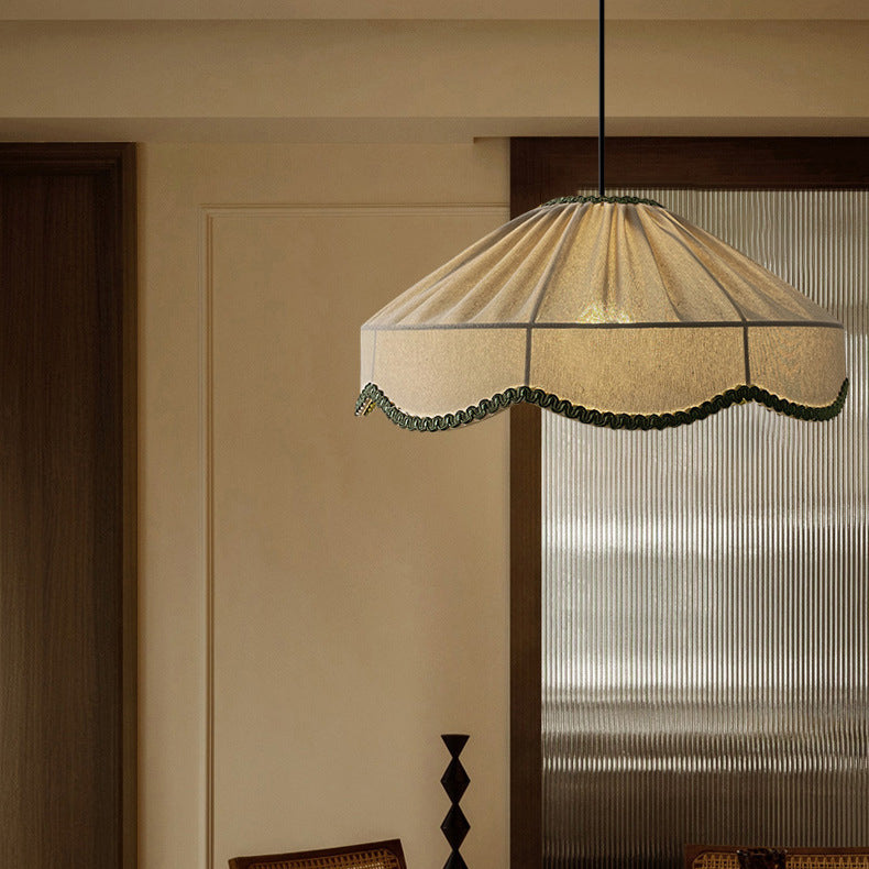 Traditional French Cream Round Cone Linen Fabric 1-light Pendant Light for Living Room BulbSquare