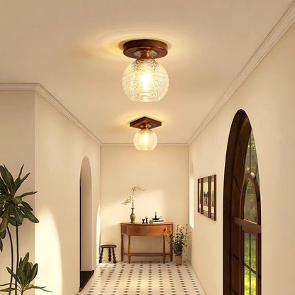 Contemporary Retro Round Cylinder Cup Shape Wood Glass 1-Light Semi-Flush Mount Ceiling Light For Living Room