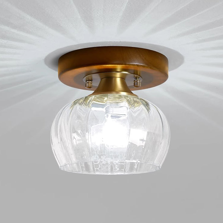 Contemporary Retro Round Cylinder Cup Shape Wood Glass 1-Light Semi-Flush Mount Ceiling Light For Living Room