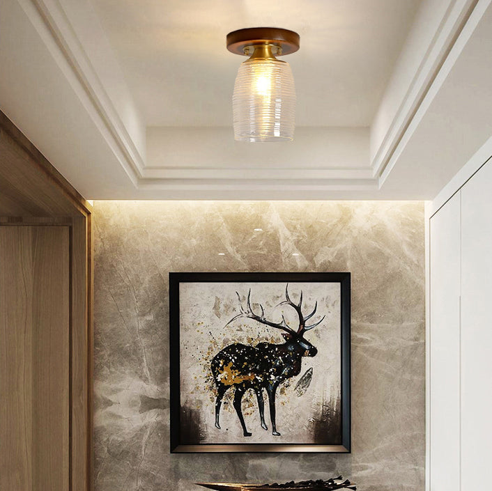 Contemporary Retro Round Cylinder Cup Shape Wood Glass 1-Light Semi-Flush Mount Ceiling Light For Living Room