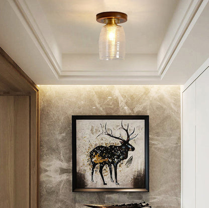Contemporary Retro Round Cylinder Cup Shape Wood Glass 1-Light Semi-Flush Mount Ceiling Light For Living Room