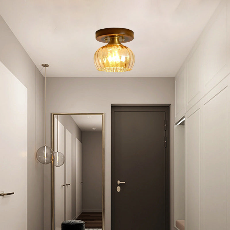 Contemporary Retro Round Cylinder Cup Shape Wood Glass 1-Light Semi-Flush Mount Ceiling Light For Living Room