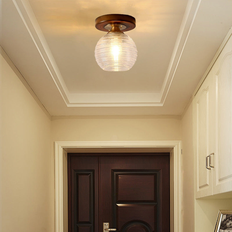 Contemporary Retro Round Cylinder Cup Shape Wood Glass 1-Light Semi-Flush Mount Ceiling Light For Living Room