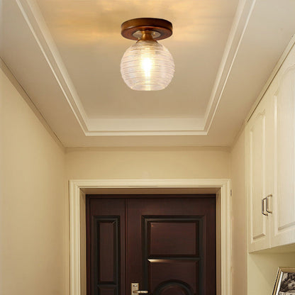 Contemporary Retro Round Cylinder Cup Shape Wood Glass 1-Light Semi-Flush Mount Ceiling Light For Living Room