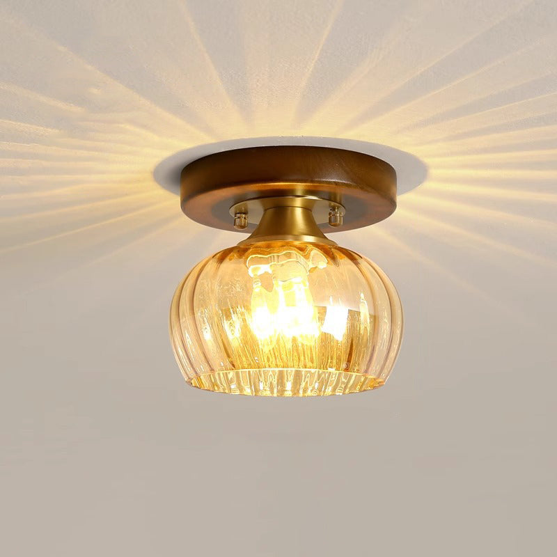Contemporary Retro Round Cylinder Cup Shape Wood Glass 1-Light Semi-Flush Mount Ceiling Light For Living Room