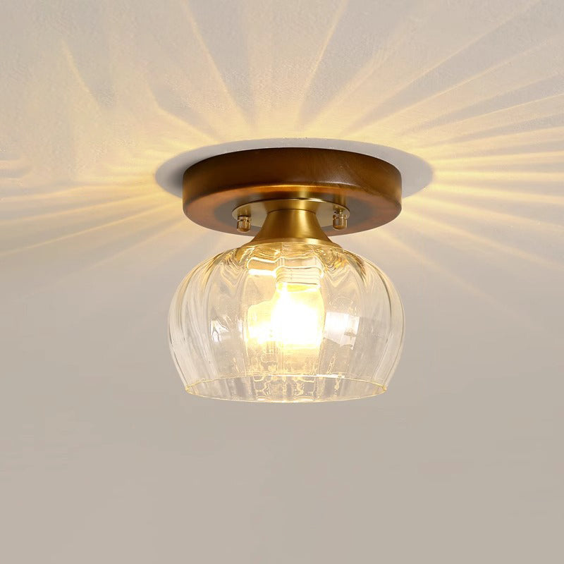 Contemporary Retro Round Cylinder Cup Shape Wood Glass 1-Light Semi-Flush Mount Ceiling Light For Living Room