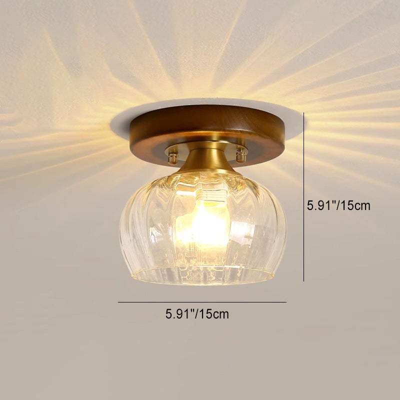 Contemporary Retro Round Cylinder Cup Shape Wood Glass 1-Light Semi-Flush Mount Ceiling Light For Living Room
