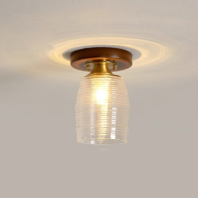 Contemporary Retro Round Cylinder Cup Shape Wood Glass 1-Light Semi-Flush Mount Ceiling Light For Living Room