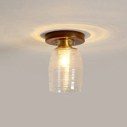 Contemporary Retro Round Cylinder Cup Shape Wood Glass 1-Light Semi-Flush Mount Ceiling Light For Living Room