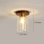 Contemporary Retro Round Cylinder Cup Shape Wood Glass 1-Light Semi-Flush Mount Ceiling Light For Living Room