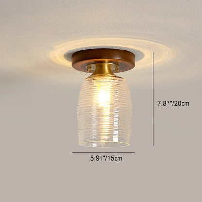 Contemporary Retro Round Cylinder Cup Shape Wood Glass 1-Light Semi-Flush Mount Ceiling Light For Living Room