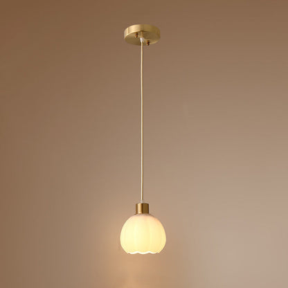 Modern Minimalist Flower Cup Shape Brass Glass 1-Light Pendant Light For Bedroom