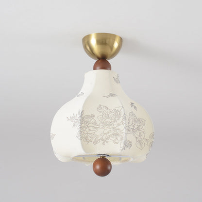 Traditional Vintage Domed Floral Printed Iron Wood Fabric 1-light Semi-flush Mount Ceiling Light for Living Room