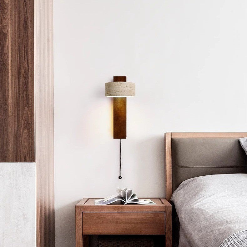Traditional Japanese Rectangle Round Yellow Travertine Solid Wood 1-Light Wall Sconce Lamp For Bedroom