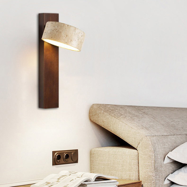 Traditional Japanese Rectangle Round Yellow Travertine Solid Wood 1-Light Wall Sconce Lamp For Bedroom
