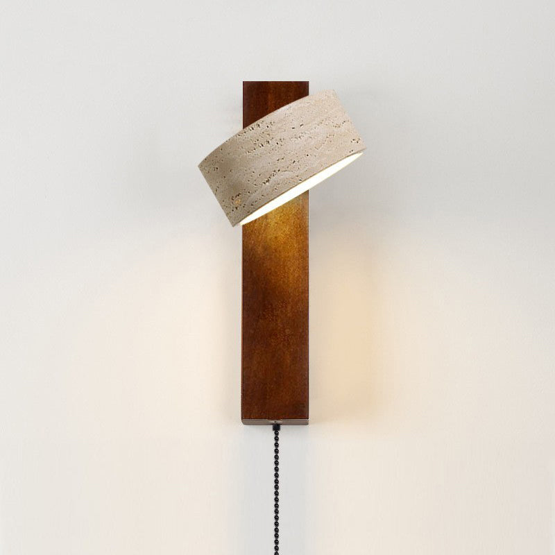 Traditional Japanese Rectangle Round Yellow Travertine Solid Wood 1-Light Wall Sconce Lamp For Bedroom