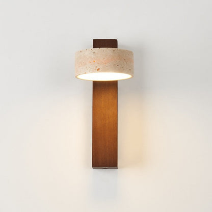 Traditional Japanese Rectangle Round Yellow Travertine Solid Wood 1-Light Wall Sconce Lamp For Bedroom