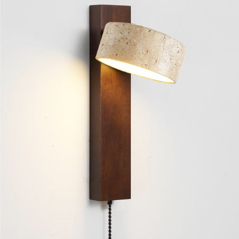 Traditional Japanese Rectangle Round Yellow Travertine Solid Wood 1-Light Wall Sconce Lamp For Bedroom