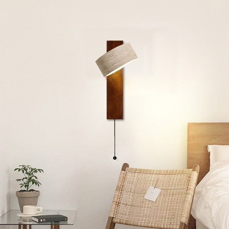 Traditional Japanese Rectangle Round Yellow Travertine Solid Wood 1-Light Wall Sconce Lamp For Bedroom