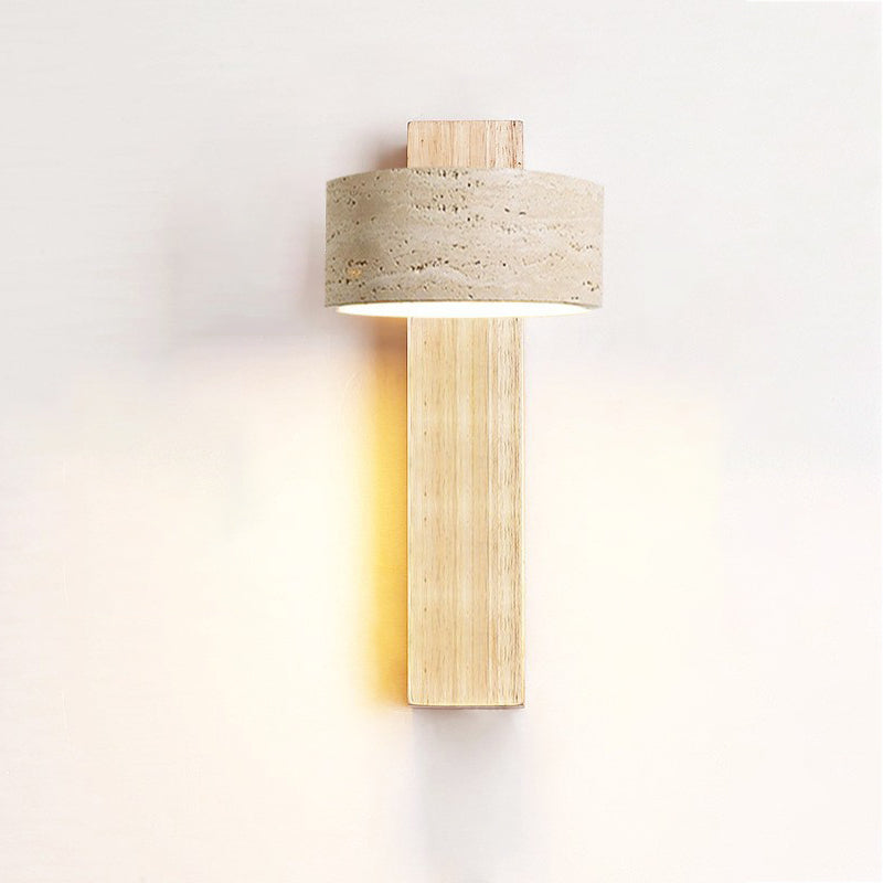 Traditional Japanese Rectangle Round Yellow Travertine Solid Wood 1-Light Wall Sconce Lamp For Bedroom