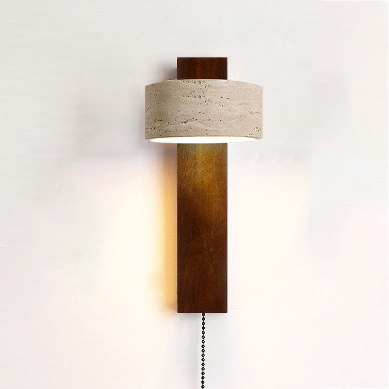 Traditional Japanese Rectangle Round Yellow Travertine Solid Wood 1-Light Wall Sconce Lamp For Bedroom