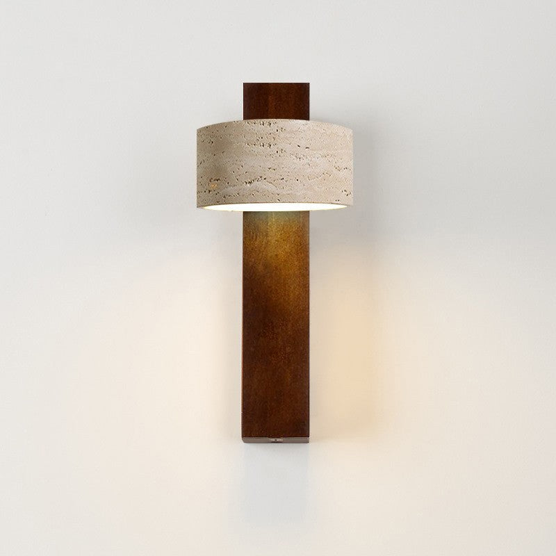Traditional Japanese Rectangle Round Yellow Travertine Solid Wood 1-Light Wall Sconce Lamp For Bedroom