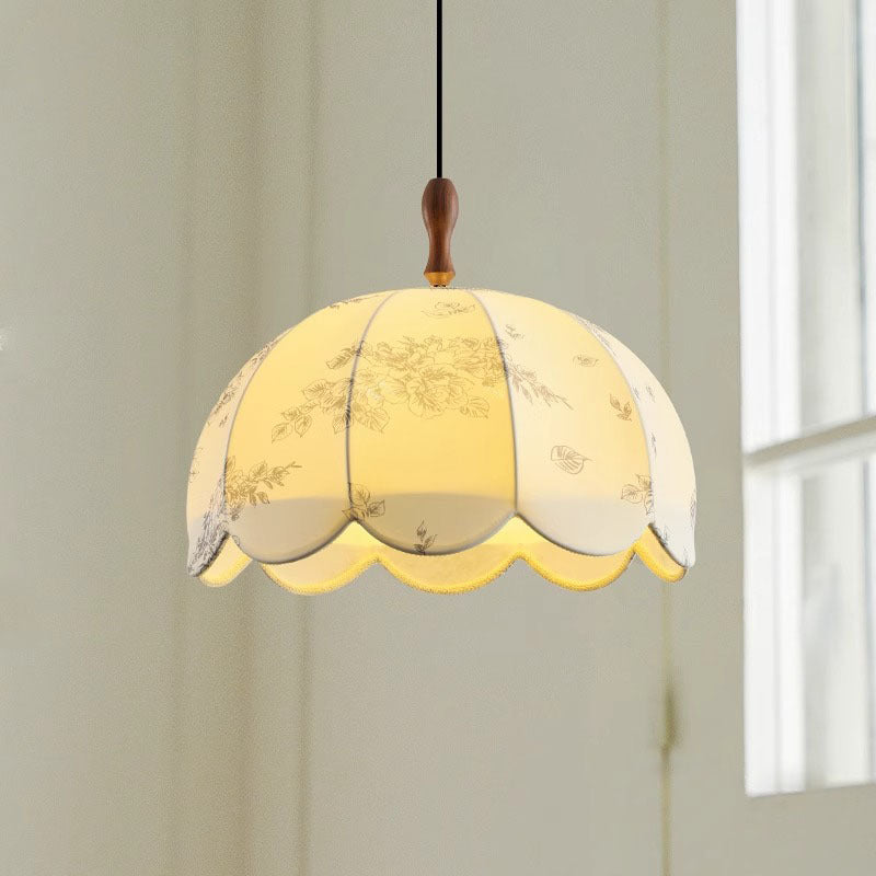 Traditional French Dome Round Wave Solid Wood Iron Frame Fabric Shade 3-light Pendant Light for Living Room