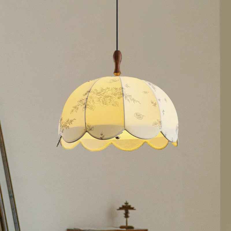 Traditional French Dome Round Wave Solid Wood Iron Frame Fabric Shade 3-light Pendant Light for Living Room
