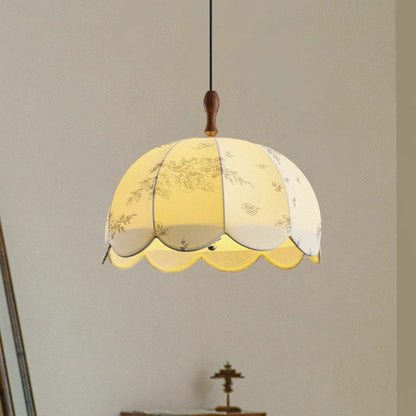 Traditional French Dome Round Wave Solid Wood Iron Frame Fabric Shade 3-light Pendant Light for Living Room