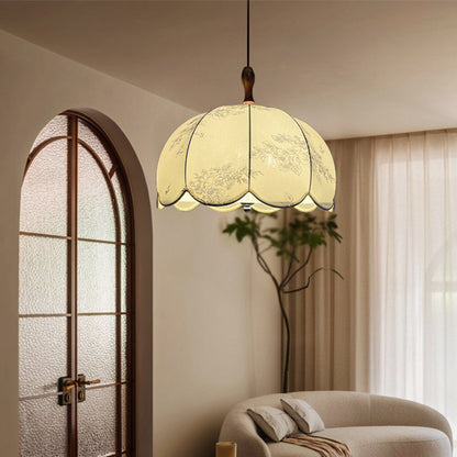 Traditional French Dome Round Wave Solid Wood Iron Frame Fabric Shade 3-light Pendant Light for Living Room