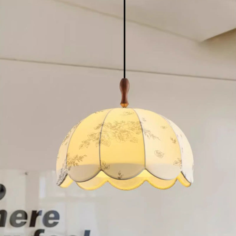 Traditional French Dome Round Wave Solid Wood Iron Frame Fabric Shade 3-light Pendant Light for Living Room