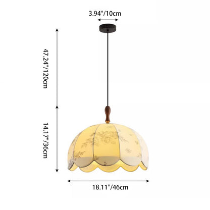 Traditional French Dome Round Wave Solid Wood Iron Frame Fabric Shade 3-light Pendant Light for Living Room