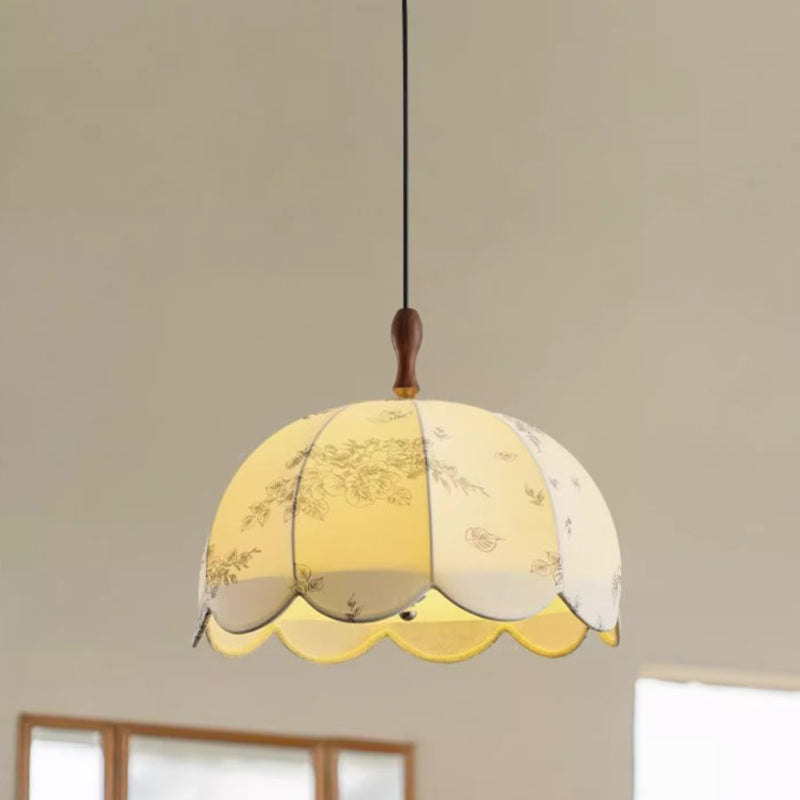 Traditional French Dome Round Wave Solid Wood Iron Frame Fabric Shade 3-light Pendant Light for Living Room