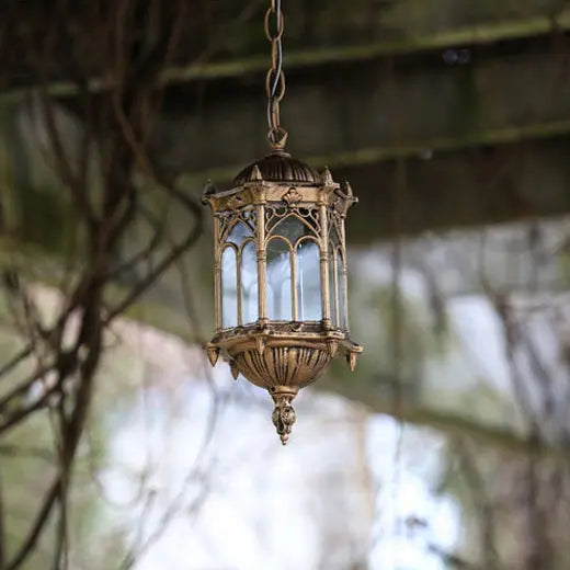 Traditional Vintage Waterproof Hexagonal Column Palace Aluminum Acrylic 1-light Pendant Light for Outdoor Patio Lumendat