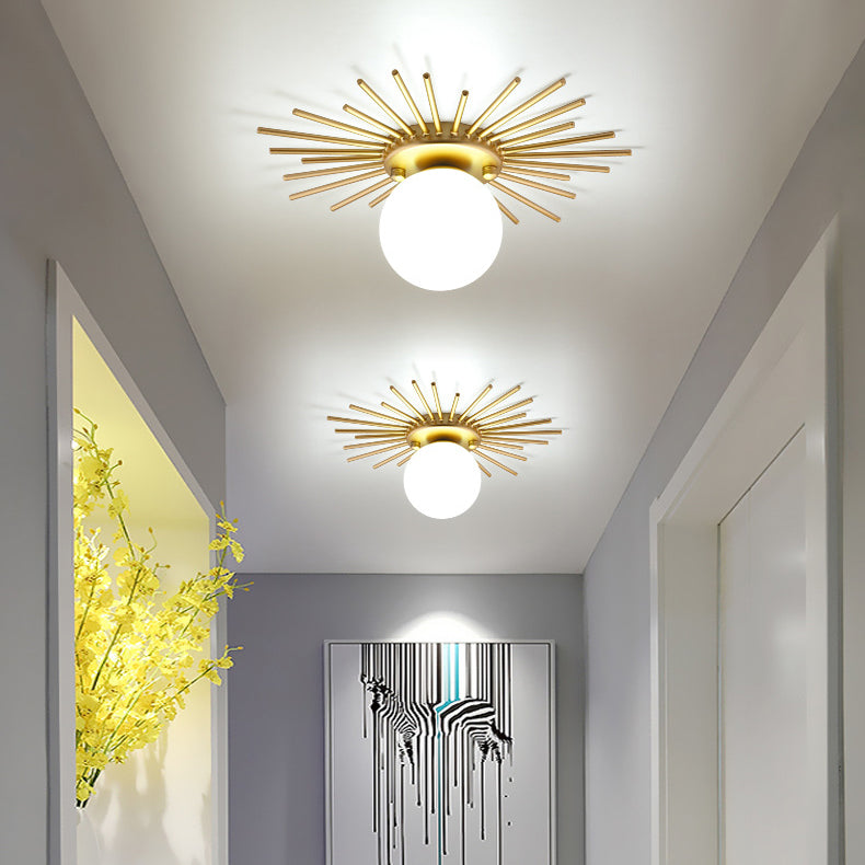 Modern Minimalist Branch Globe Sun Shape Iron Frame Glass Shade 1-light Flush Mount Ceiling Light for Hallway